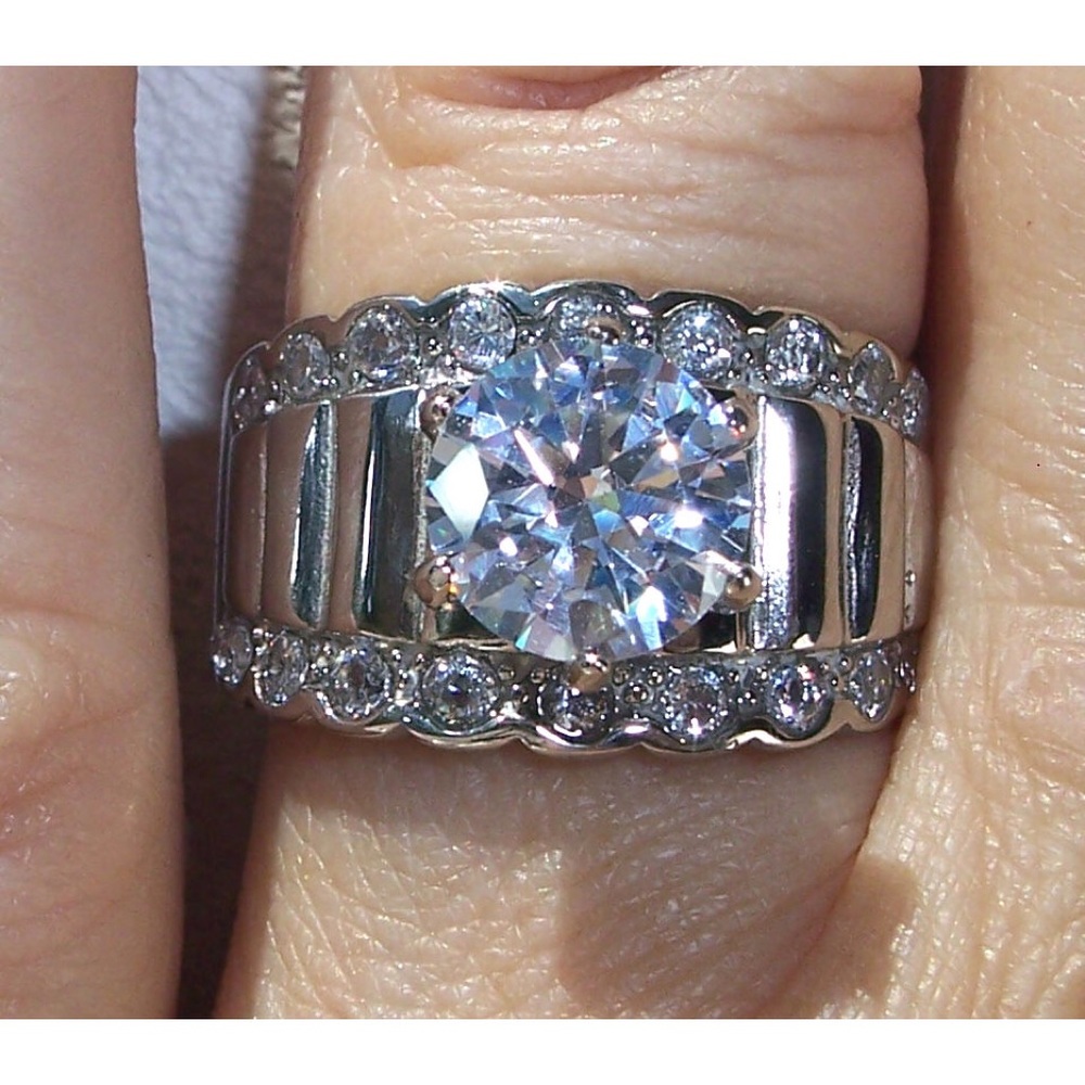 STAINLESS STEEL Round Cut Cubic Zirconia Wide Band Ring - Picture 9 of 16